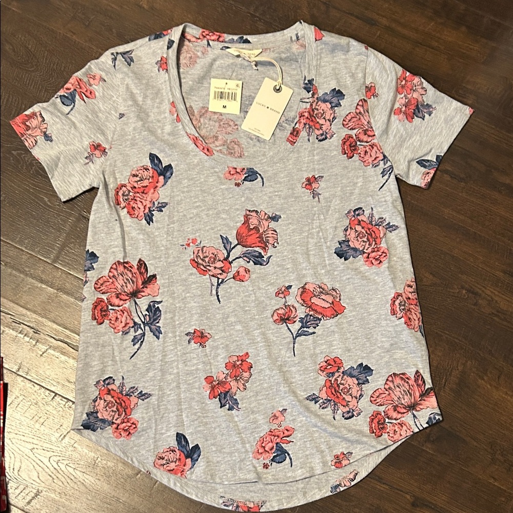 Lucky Brand Floral Print Gray Women's Top